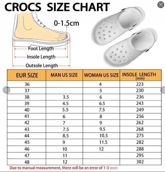 Drop Cross Size Chart