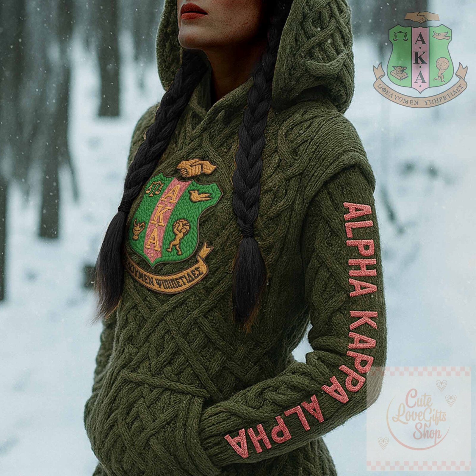 Alpha Kappa Alpha Sorority Cable Knit Hoodie with Embroidered Crest and Sleeve Text