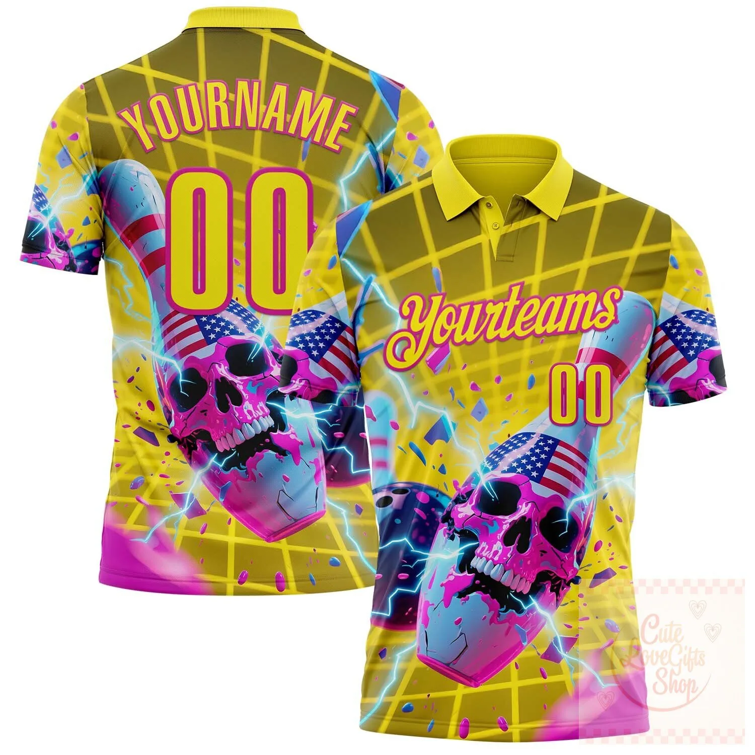 Bowling Skull n 2 Deep Pink Lightning American Flag Performance Polo Shirt