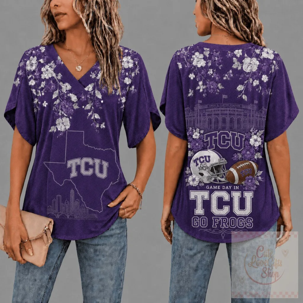 TCU Horned Frogs Gameday Floral Petal Sleeve V-Neck T-Shirt TCU Horned Frogs Gameday Floral Petal Sleeve V-Neck T-Shirt