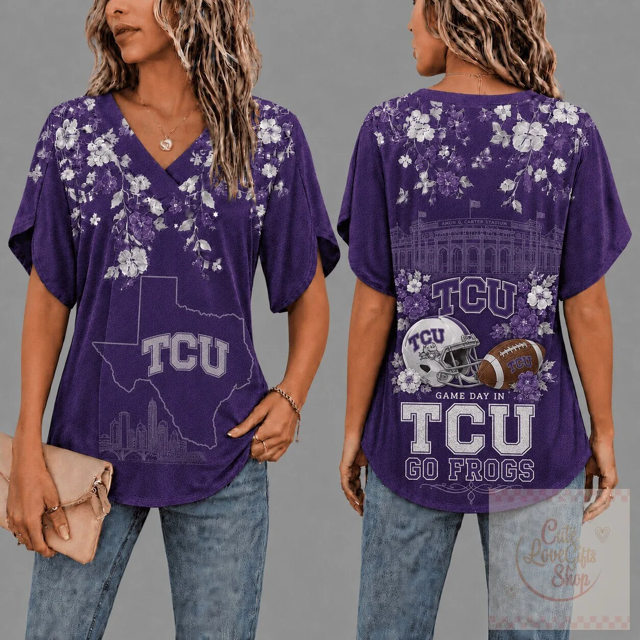 TCU Horned Frogs Gameday Floral Petal Sleeve V-Neck T-Shirt