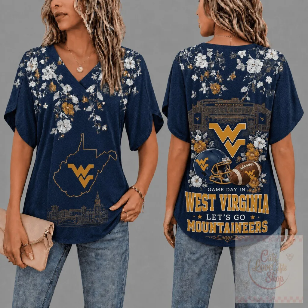 West Virginia Mountaineers Gameday Floral V-Neck Short Sleeve T-Shirt West Virginia Mountaineers Gameday Floral V-Neck Short Sleeve T-Shirt