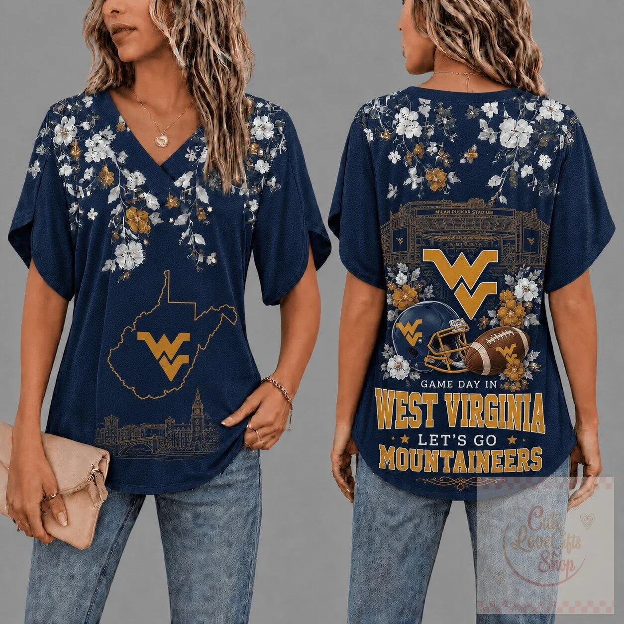 West Virginia Mountaineers Gameday Floral V-Neck Short Sleeve T-Shirt