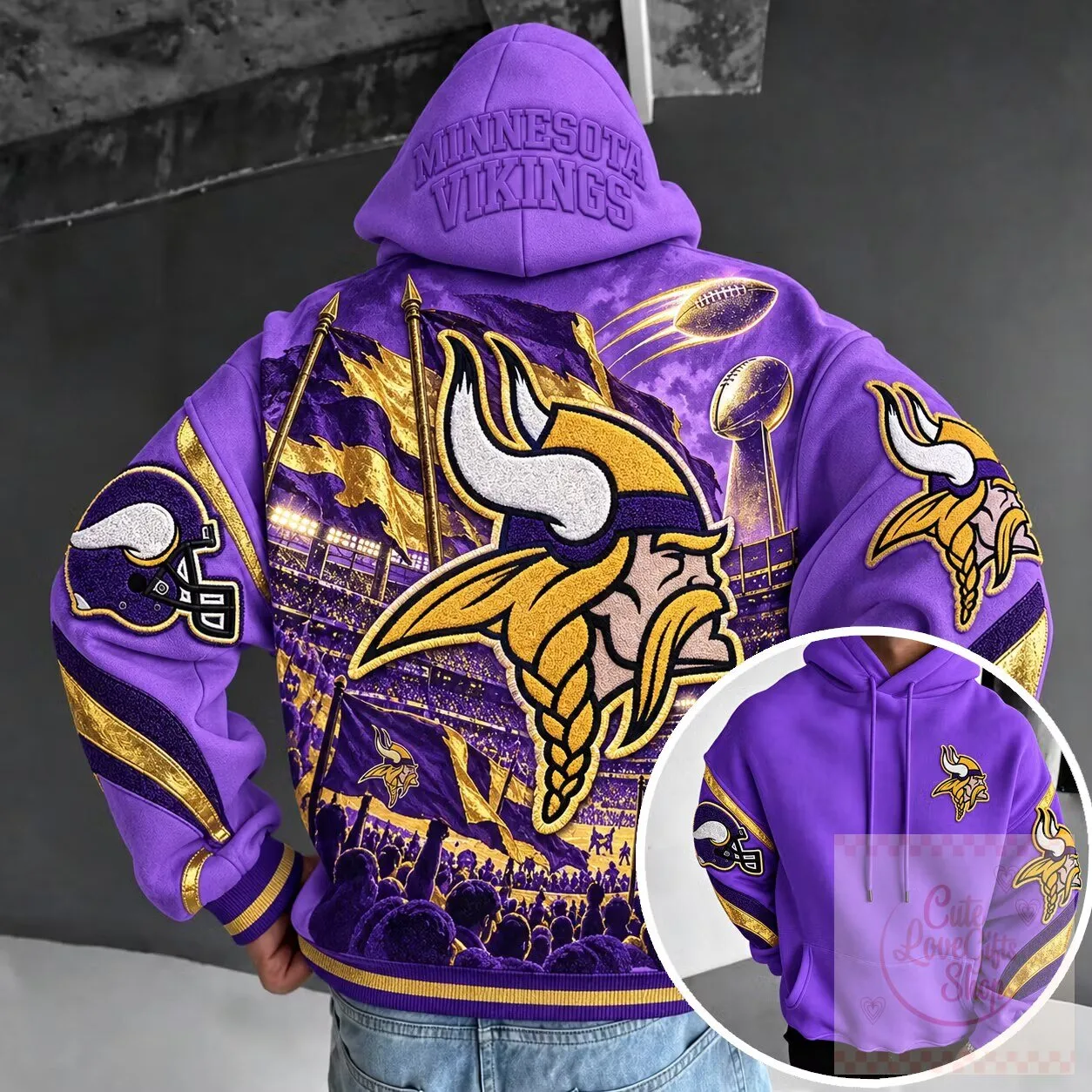 Minnesota Vikings Football Team Purple Embroidered Hoodie