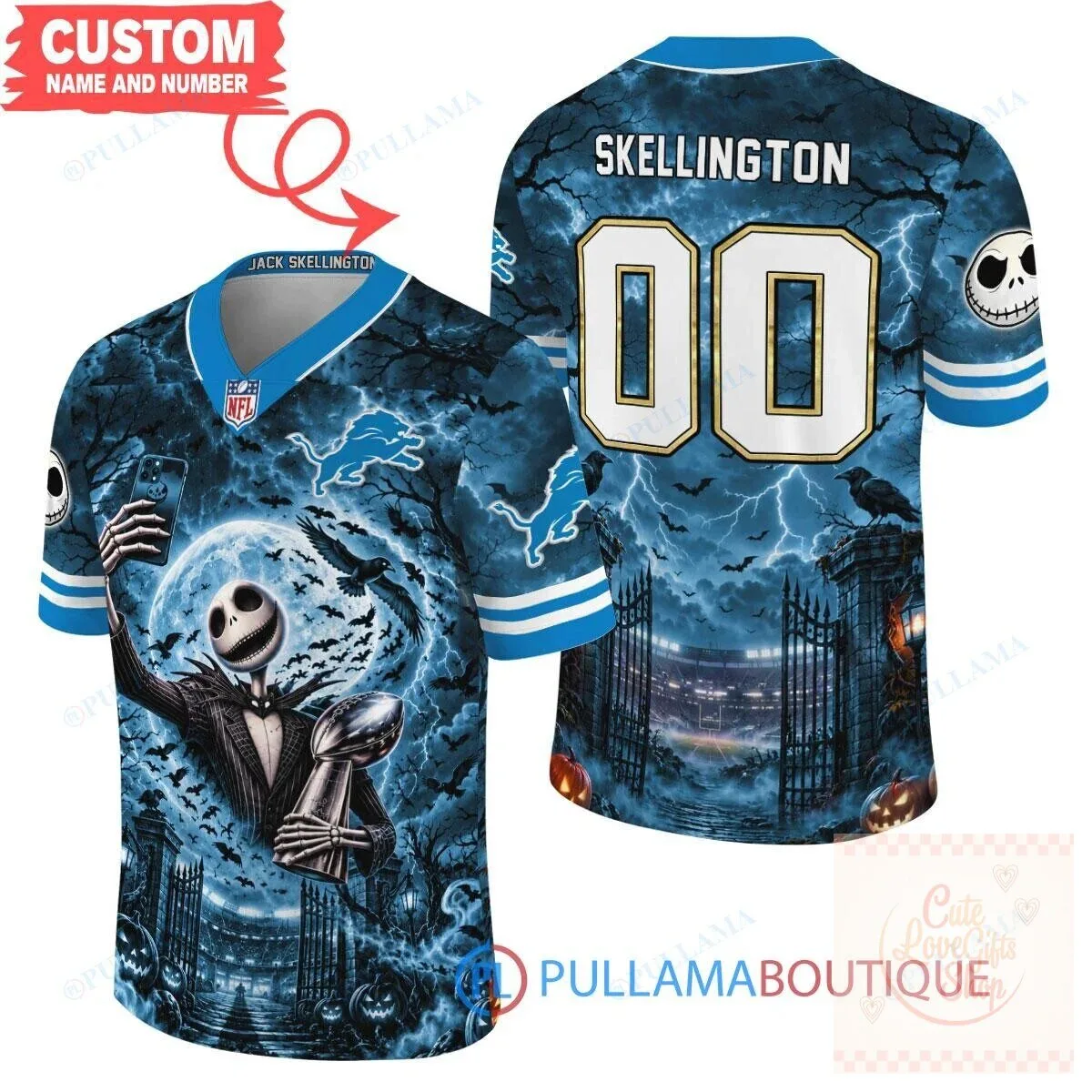 Detroit Lions Jack Skellington Super Bowl Trophy Halloween Football Jersey