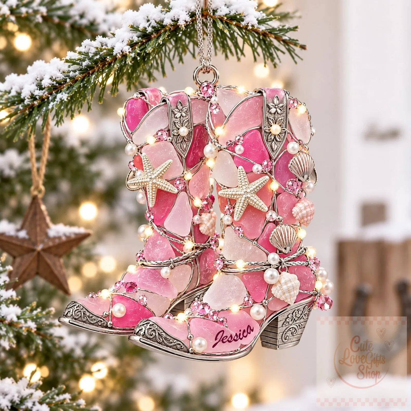 Personalized Pink Cowgirl Boots Christmas Tree Ornament with Custom Name
