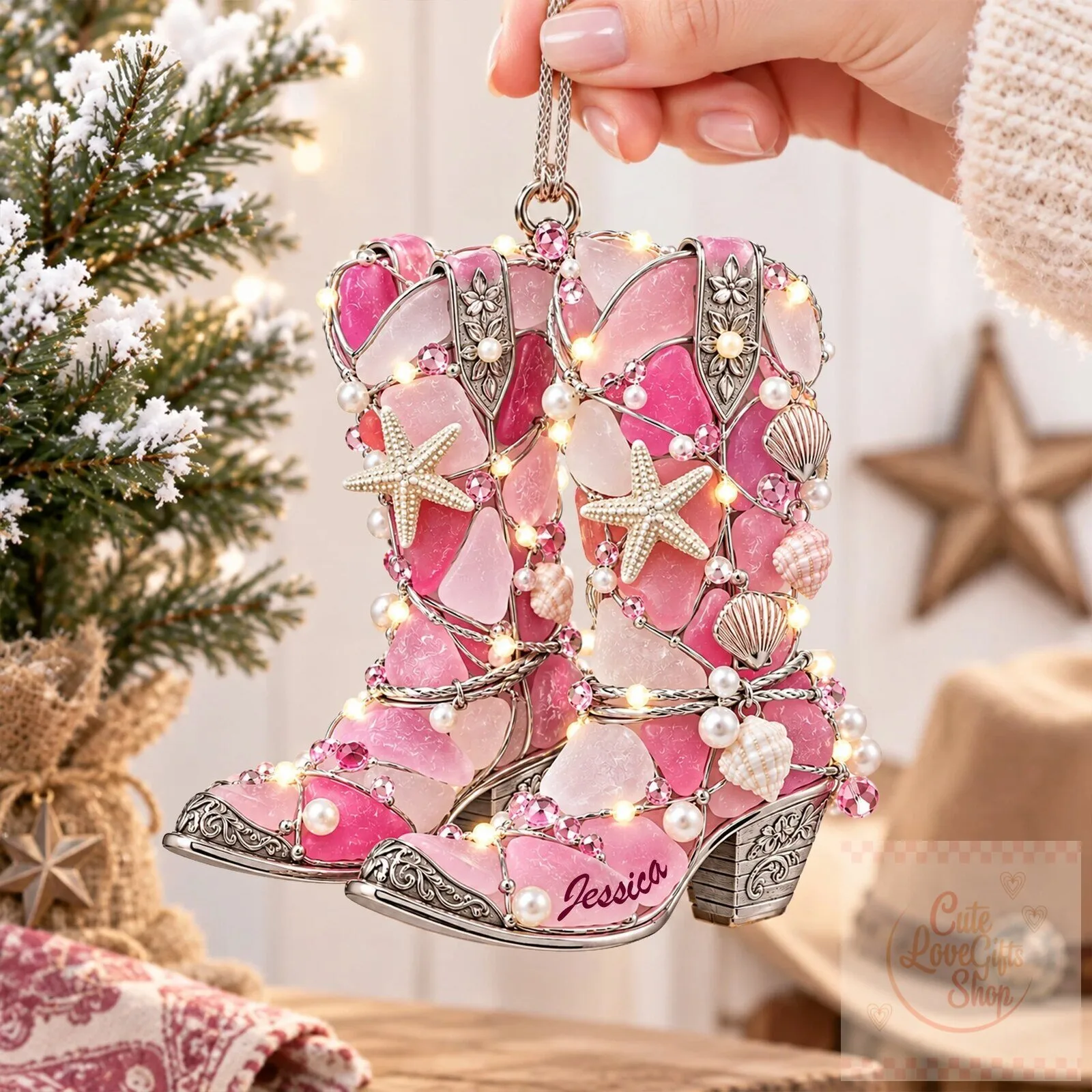 Personalized Pink Cowgirl Boots Christmas Tree Ornament with Custom Name 7 Personalized Pink Cowgirl Boots Christmas Tree Ornament with Custom Name