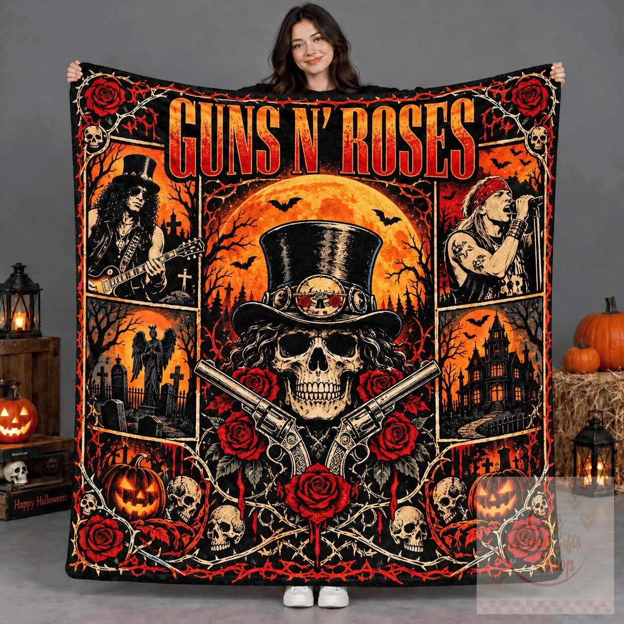 Guns N' Roses Top Hat Skull And Roses Halloween Fleece Blanket