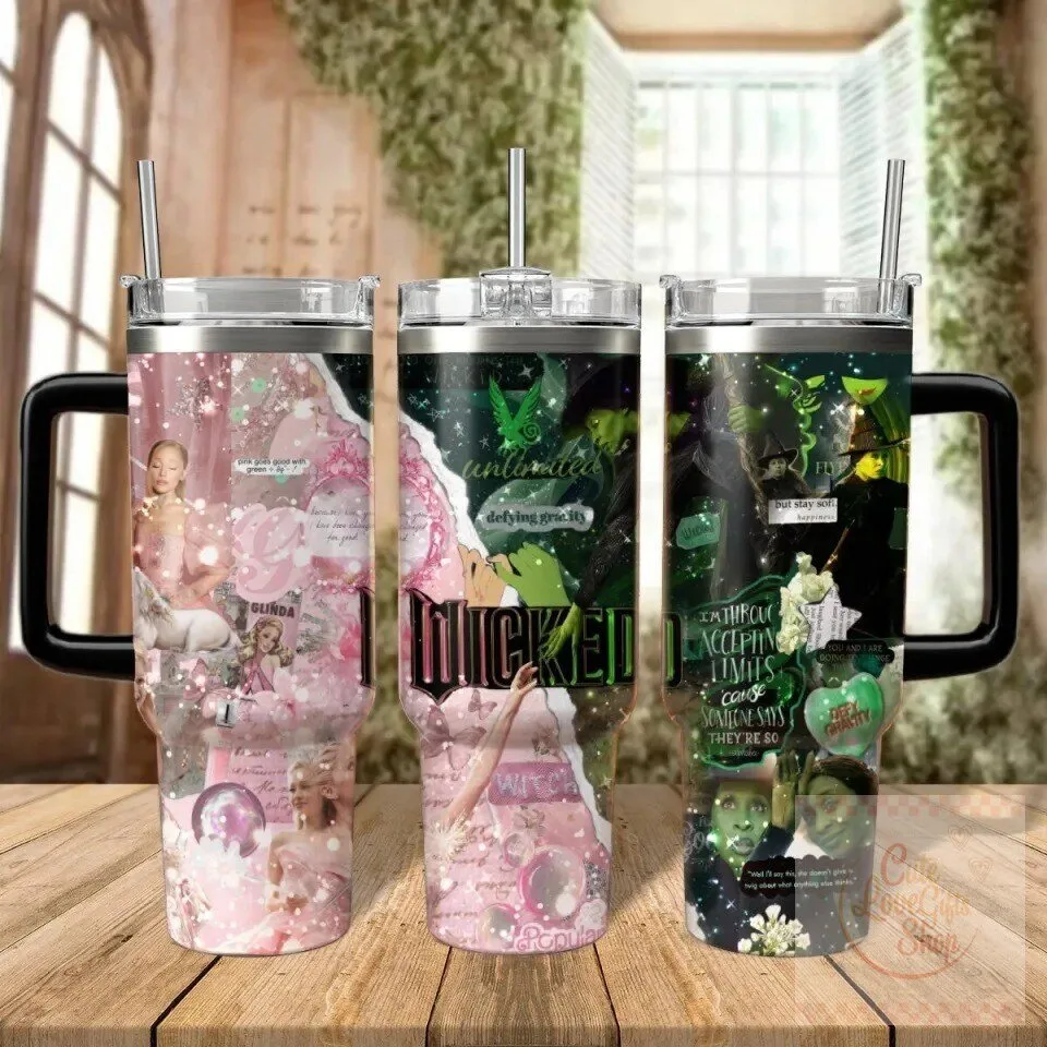 Wicked Musical Glinda Elphaba Pink Green Collage 40 Ounce Tumbler with Handle