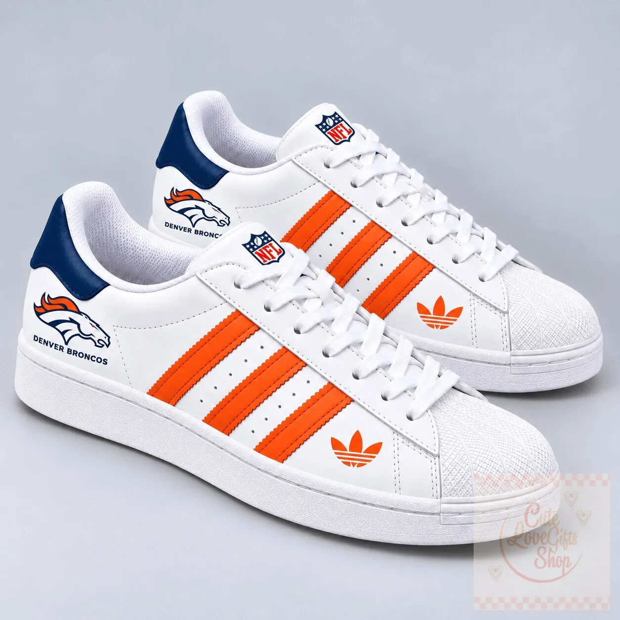 Denver Broncos National Football League Team Logo White and Orange Superstar Shoes