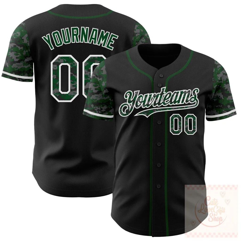 Custom Black Green White Digital Camouflage Two Tone Authentic Baseball Jersey Custom Black Green White Digital Camouflage Two Tone Authentic Baseball Jersey