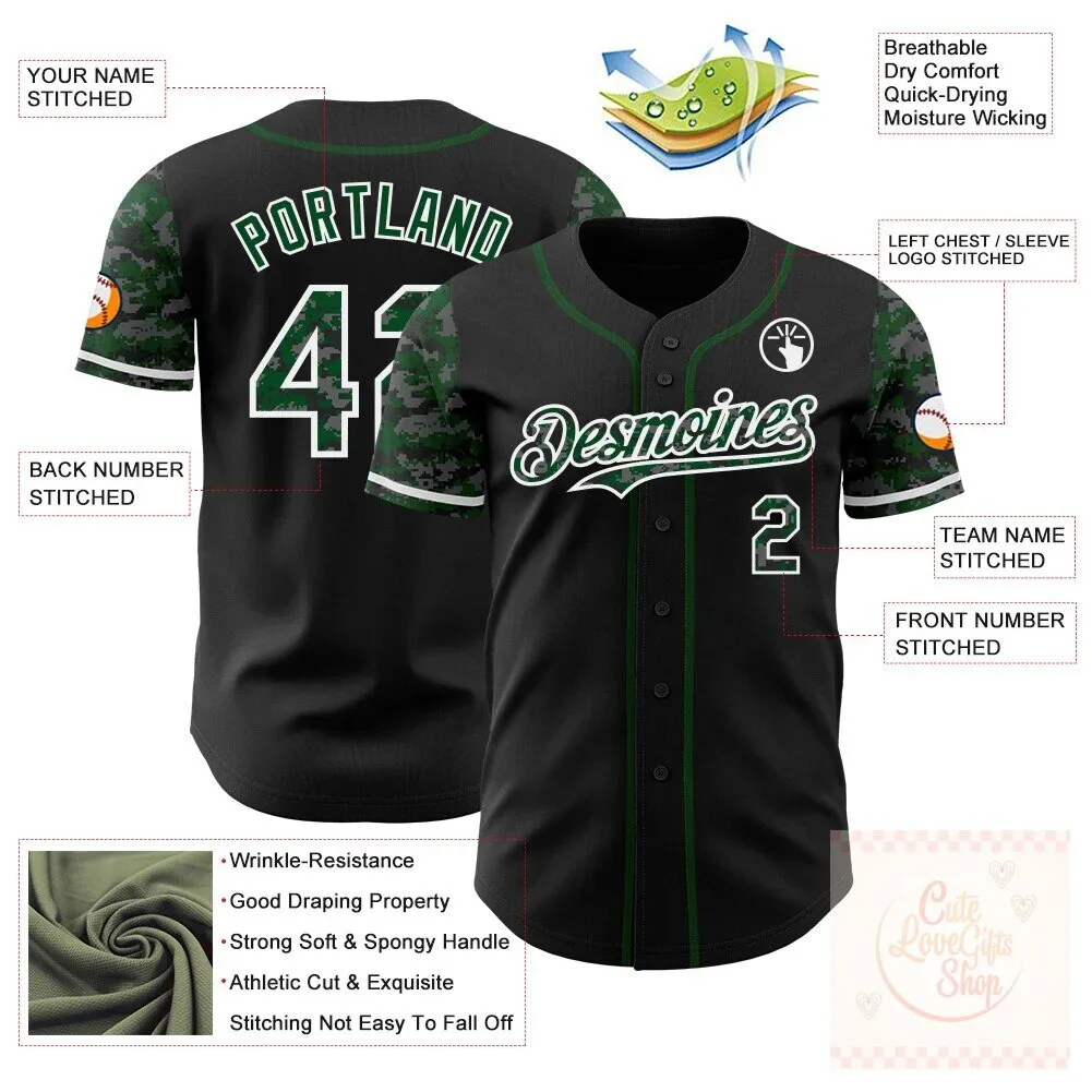 Custom Black Green White Digital Camouflage Two Tone Authentic Baseball Jersey 7 Custom Black Green White Digital Camouflage Two Tone Authentic Baseball Jersey