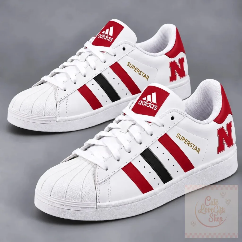 Nebraska Cornhuskers Adidas Superstar Shoes, NCAA College Football Fan Footwear