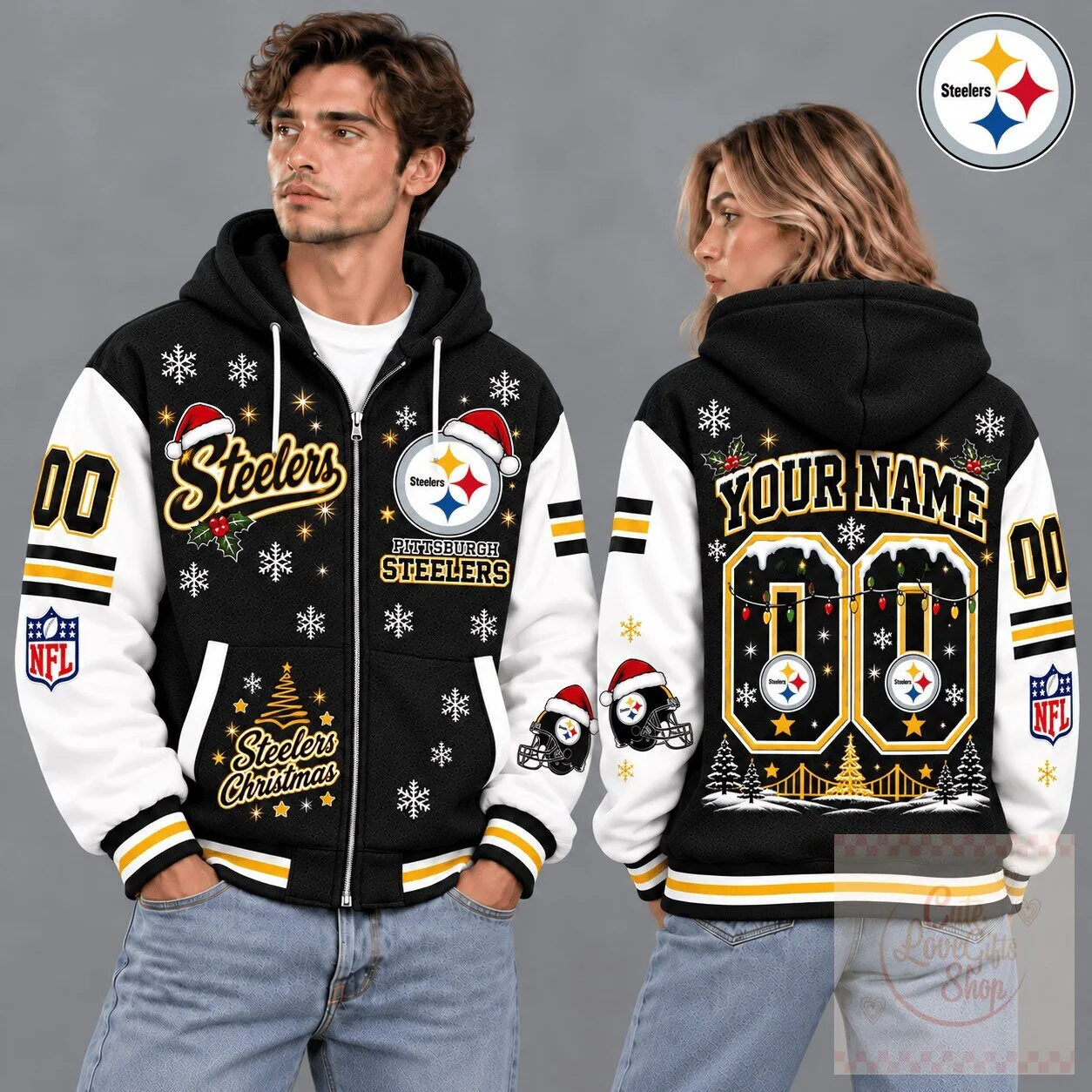 Pittsburgh Steelers Christmas Snowflake Custom Name Number Zip Up Hoodie