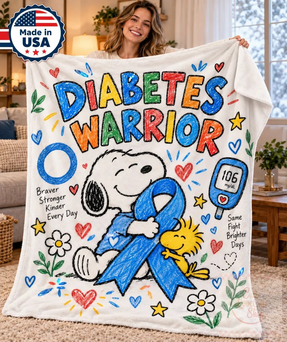 Snoopy Diabetes Warrior Braver Stronger Kinder Every Day Cozy Fleece Blanket
