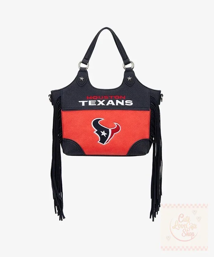 Houston Texans Football Team Fringe Red and Blue Faux Leather Tote Bag