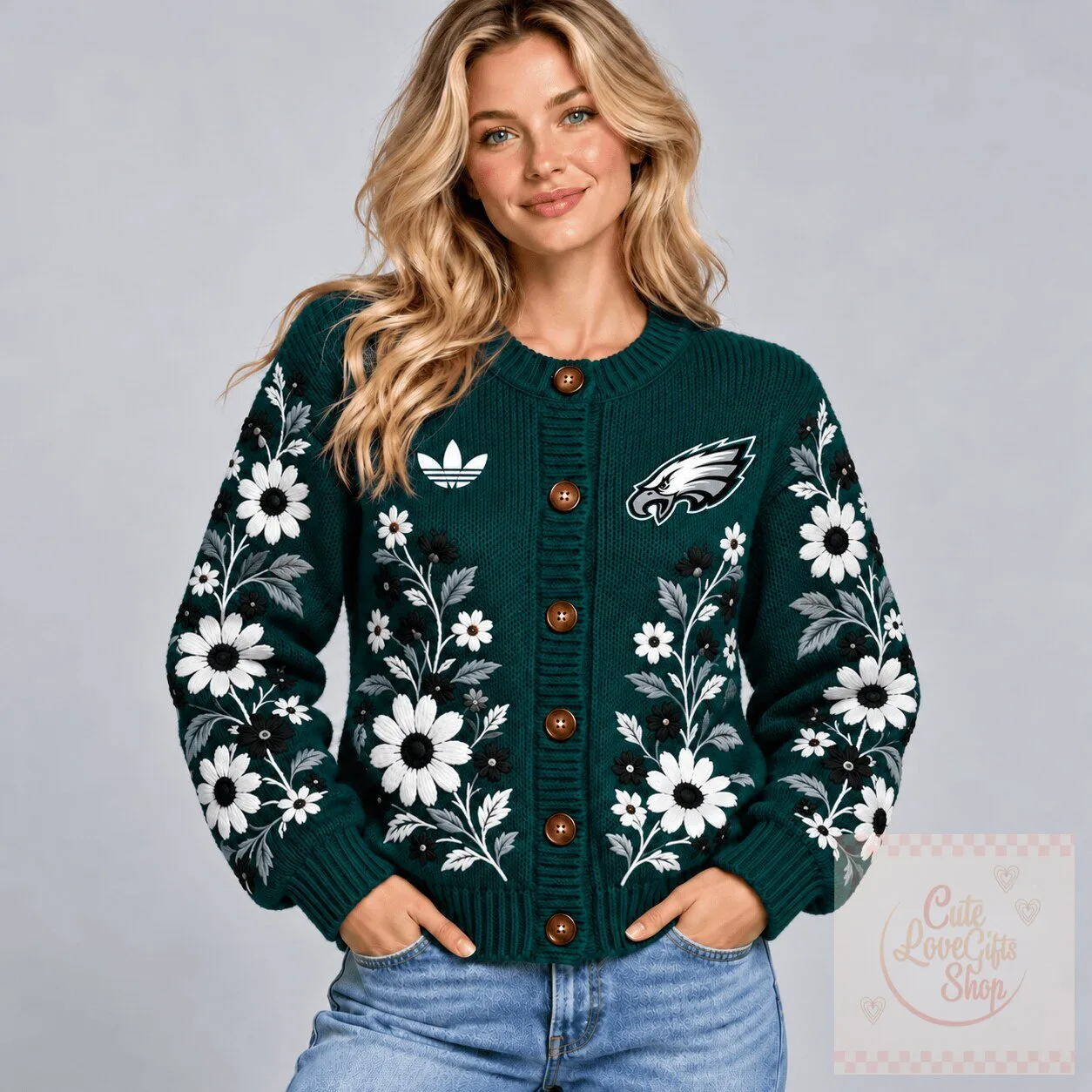 Philadelphia Eagles Floral Daisy Blossom Knit Button-Up Cardigan Sweater