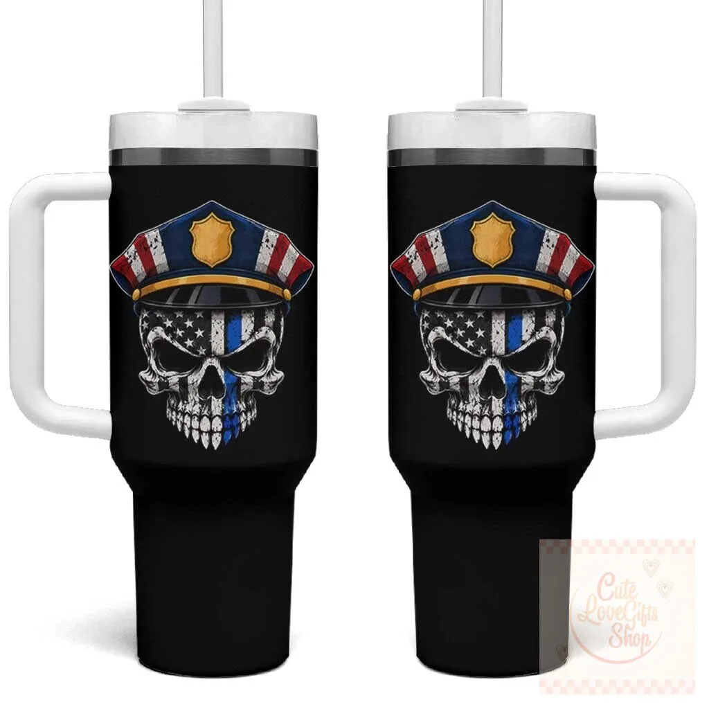 Vintage Patriotic Police Skull United States Flag First Responder Pride Tumbler With Handle