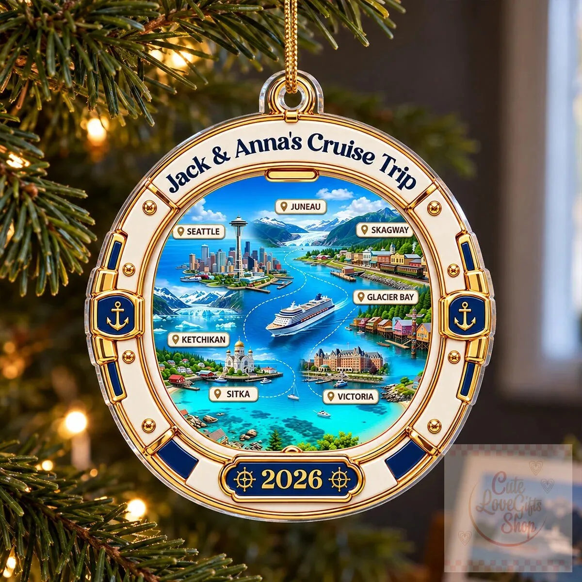 Personalized Cruise Trip Destinations Porthole Christmas Tree Ornament 2026